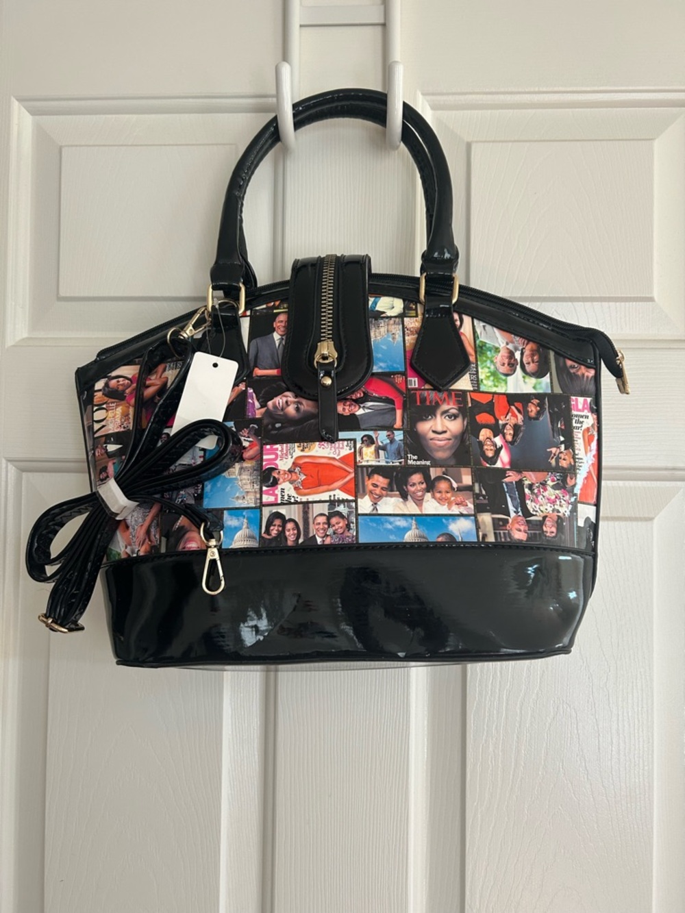 Photo-Collage Patent Trim Satchel Handbag - Black